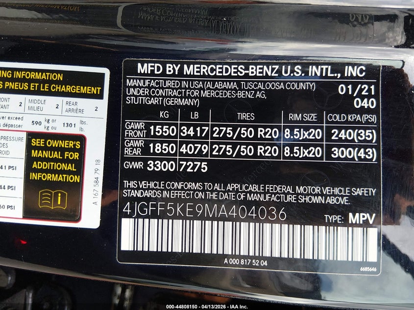 2021 Mercedes-Benz Gls 450 4Matic VIN: 4JGFF5KE9MA404036 Lot: 44808150