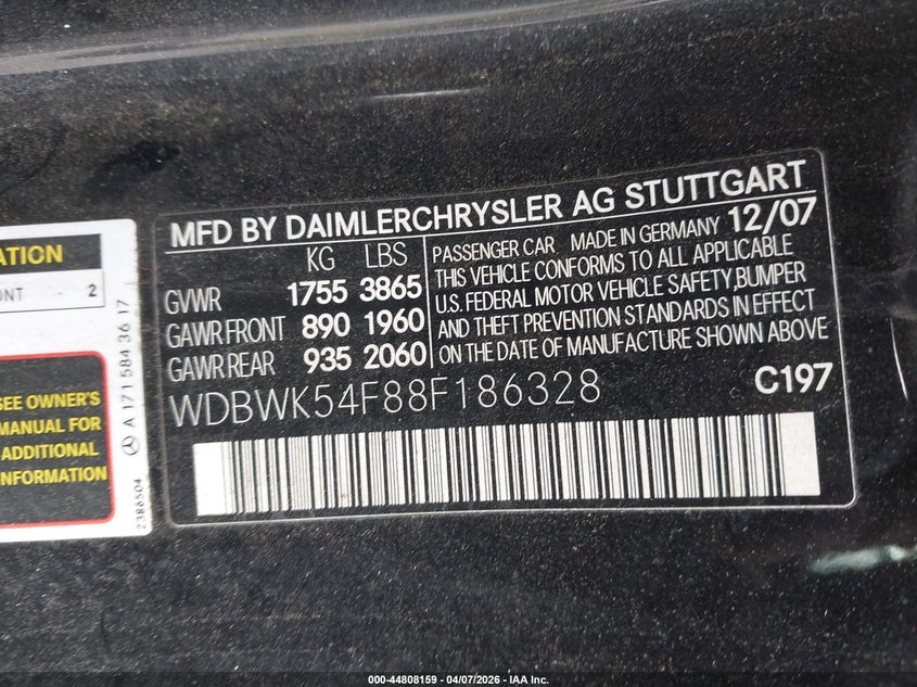 2008 Mercedes-Benz Slk 280 VIN: WDBWK54F88F186328 Lot: 44808159