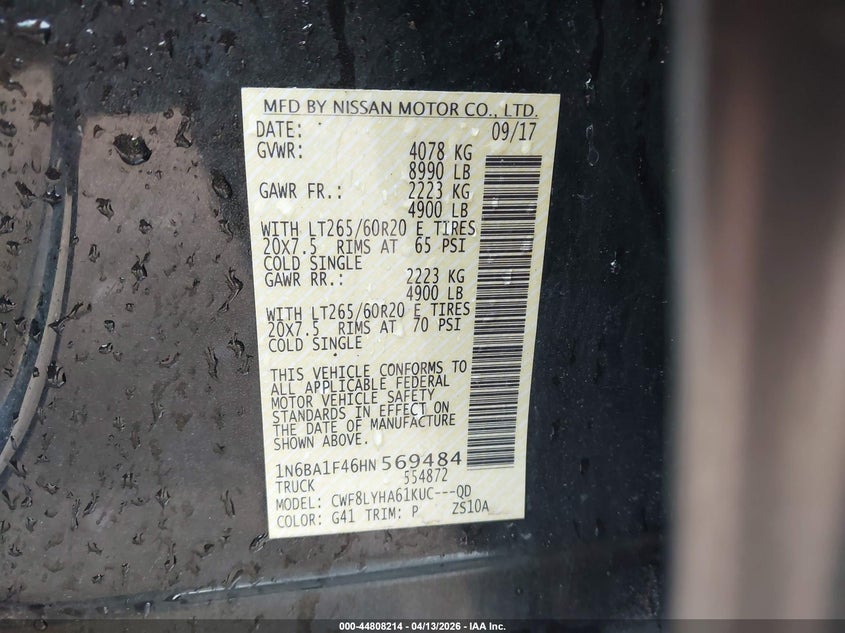 2017 Nissan Titan Xd Platinum Reserve Diesel VIN: 1N6BA1F46HN569484 Lot: 44808214