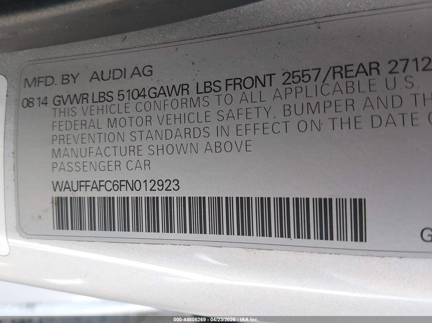 2015 Audi A6 2.0T Premium VIN: WAUFFAFC6FN012923 Lot: 44808269