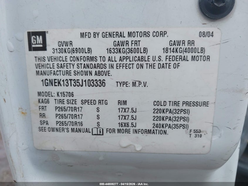 2005 Chevrolet Tahoe Lt VIN: 1GNEK13T35J103336 Lot: 44808277