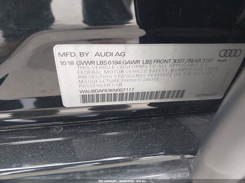 2019 Audi A8 L 55 VIN: WAU8DAF83KN007117 Lot: 44808297