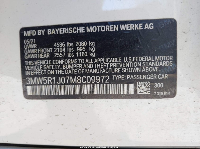 2021 BMW 330I VIN: 3MW5R1J07M8C09972 Lot: 44808331