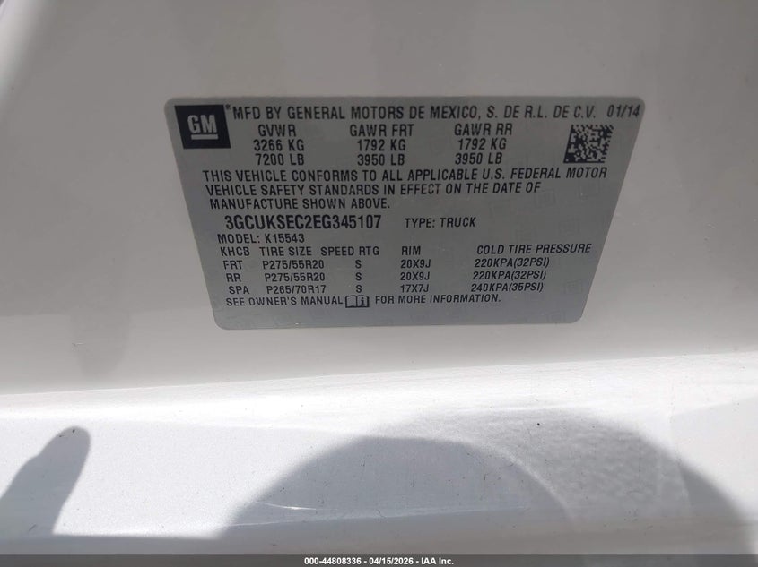 2014 Chevrolet Silverado 1500 2Lz VIN: 3GCUKSEC2EG345107 Lot: 44808336