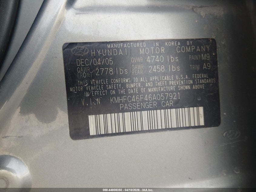 2006 Hyundai Azera Limited/Se VIN: KMHFC46F46A057921 Lot: 44808350