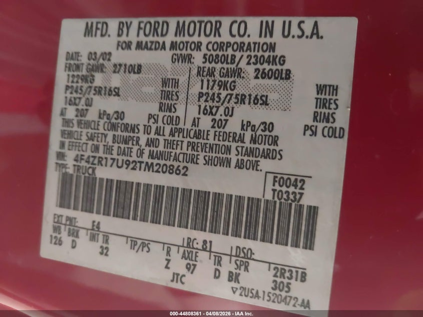 2002 Mazda B3000 VIN: 4F4ZR17U92TM20862 Lot: 44808361