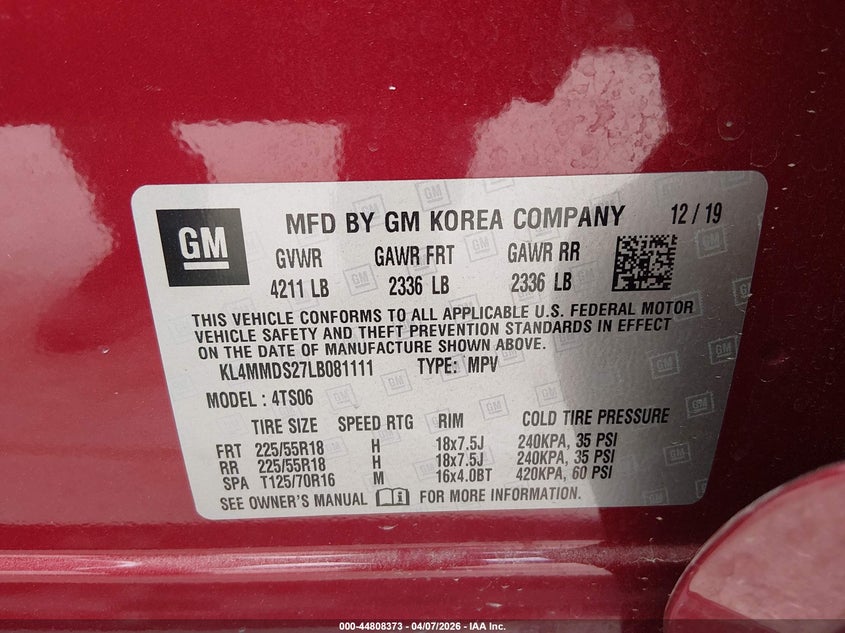 2020 Buick Encore Gx Fwd Select VIN: KL4MMDS27LB081111 Lot: 44808373