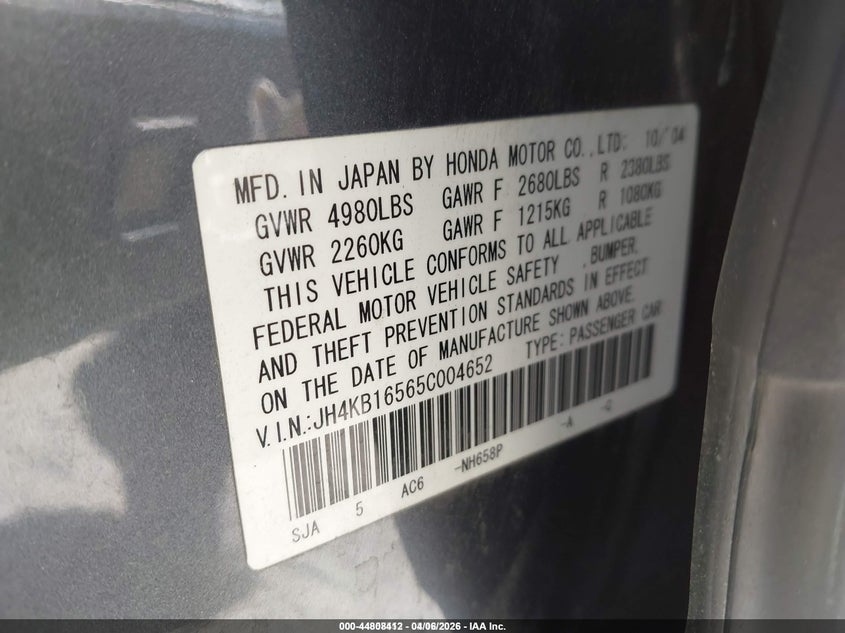 2005 Acura Rl 3.5 VIN: JH4KB16565C004652 Lot: 44808412