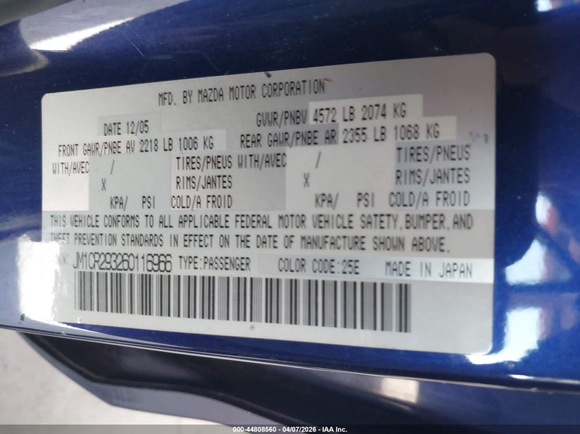 2006 Mazda Mazda5 Touring VIN: JM1CR293260116966 Lot: 44808560