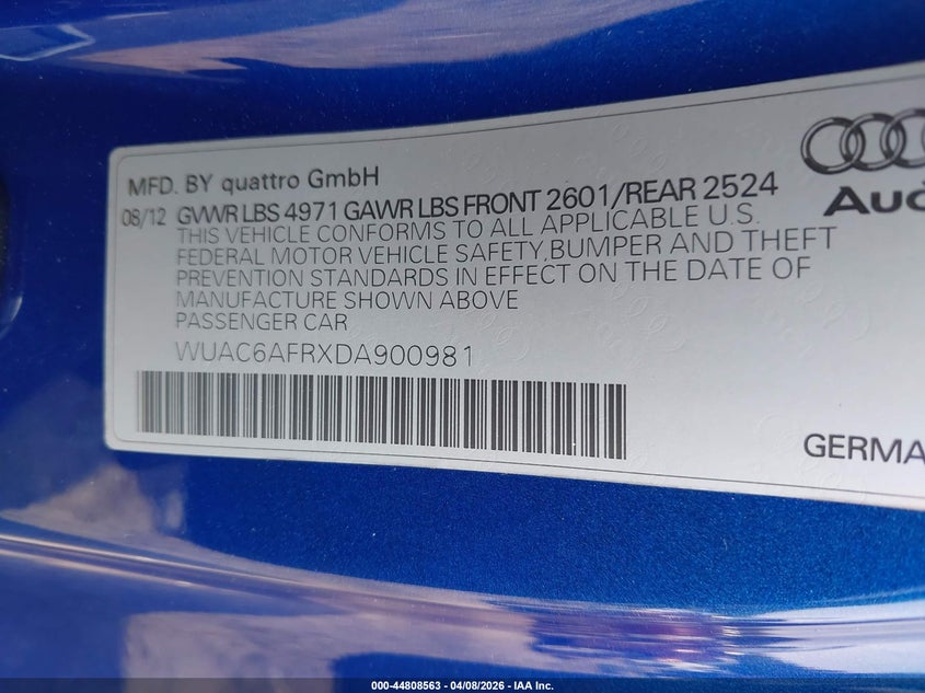 2013 Audi Rs 5 4.2 VIN: WUAC6AFRXDA900981 Lot: 44808563