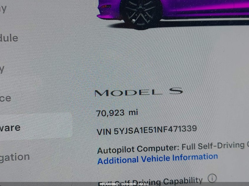 2022 Tesla Model S Dual Motor All-Wheel Drive VIN: 5YJSA1E51NF471339 Lot: 44808602