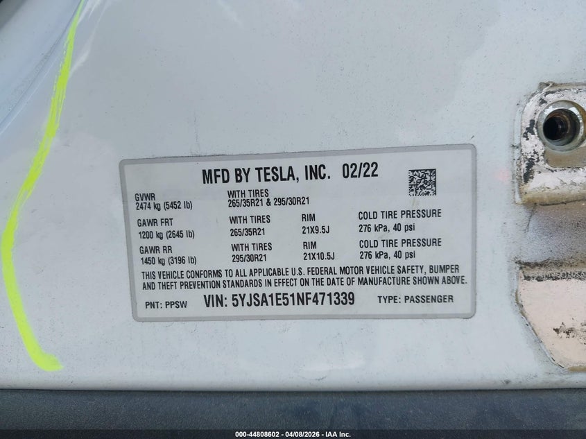 2022 Tesla Model S Dual Motor All-Wheel Drive VIN: 5YJSA1E51NF471339 Lot: 44808602