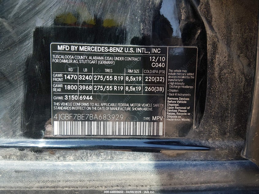 2011 Mercedes-Benz Gl 450 4Matic VIN: 4JGBF7BE7BA683929 Lot: 44808650