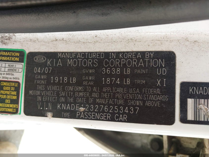 2007 Kia Rio Lx VIN: KNADE123276253437 Lot: 44808655