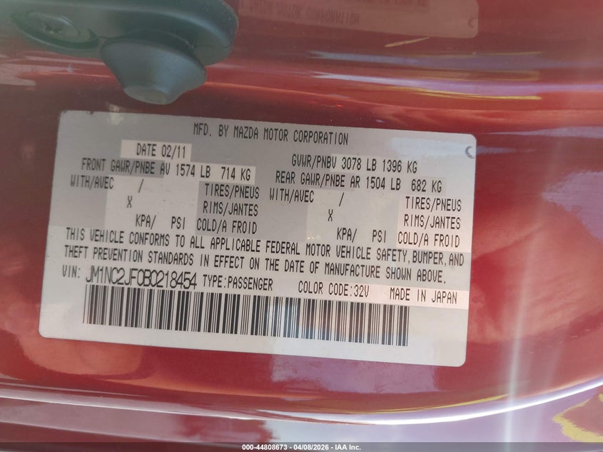2011 Mazda Mx-5 Miata Sport VIN: JM1NC2JF0B0218454 Lot: 44808673