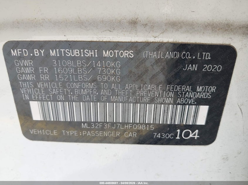 2020 Mitsubishi Mirage 1.2 G4 Es White Lot 111044808681 Vin ML32F3FJ7LHF09815