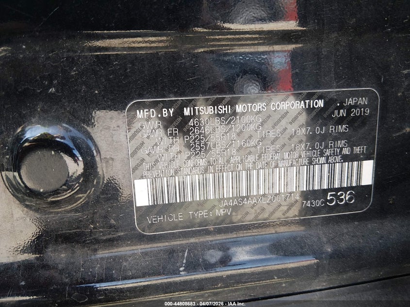 2020 Mitsubishi Eclipse Cross Le 1.5T VIN: JA4AS4AAXLZ001714 Lot: 44808683