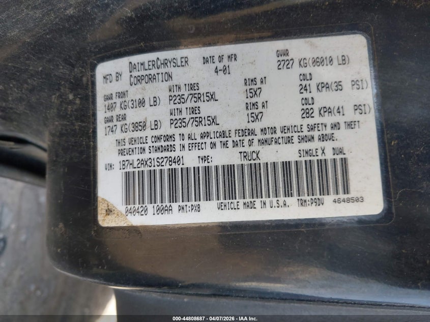 2001 Dodge Dakota Slt/Sport VIN: 1B7HL2AX31S278401 Lot: 44808687