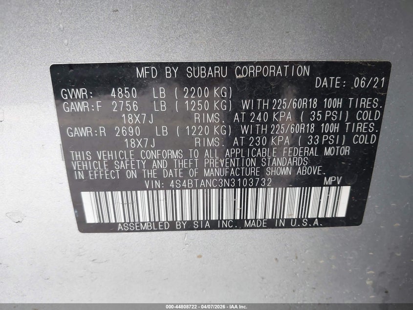 2022 Subaru Outback Limited VIN: 4S4BTANC3N3103732 Lot: 44808722