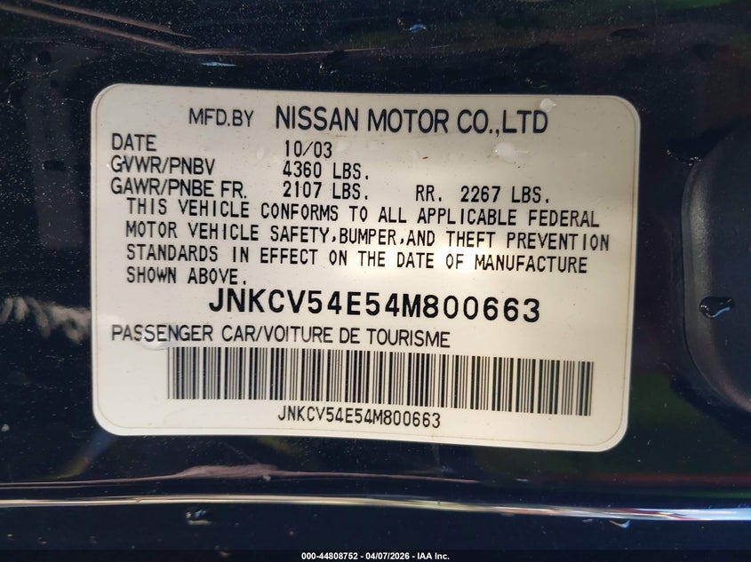 2004 Infiniti G35 VIN: JNKCV54E54M800663 Lot: 44808752