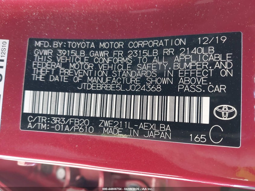 2020 TOYOTA COROLLA SEDAN 1.8L I-4 DOHC, VVT, 96HP