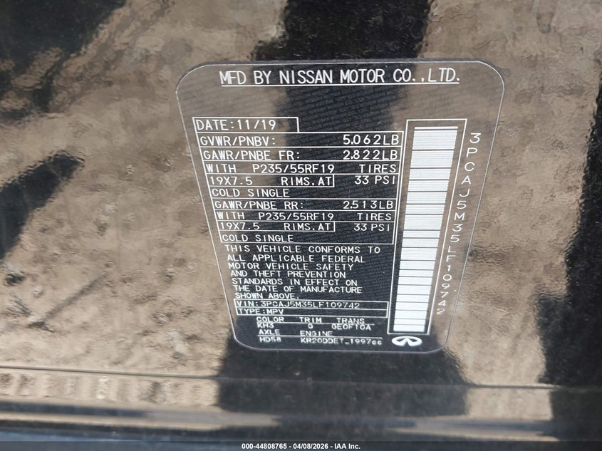 2020 Infiniti Qx50 Essential Awd VIN: 3PCAJ5M35LF109742 Lot: 44808765