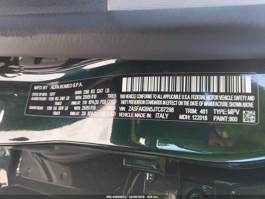 2018 Alfa Romeo Stelvio Ti Awd VIN: ZASFAKBN5J7C07298 Lot: 44808832