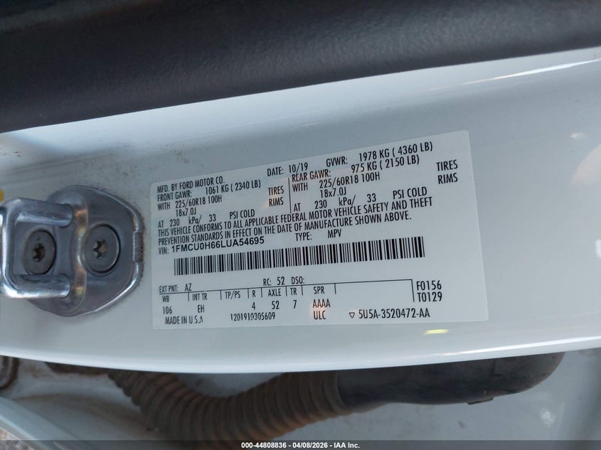 2020 Ford Escape 1.5 Sel white Lot 111044808836 Vin 1FMCU0H66LUA54695
