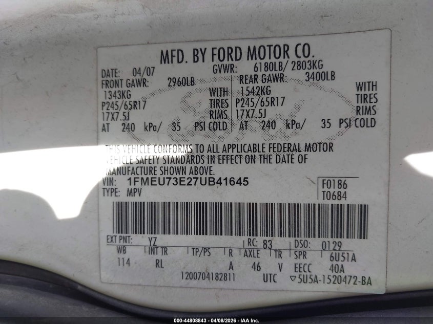 2007 Ford Explorer Xlt VIN: 1FMEU73E27UB41645 Lot: 44808843