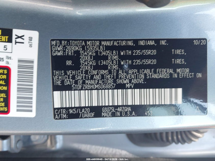 2021 Toyota Highlander Platinum VIN: 5TDFZRBH0MS068857 Lot: 44808849