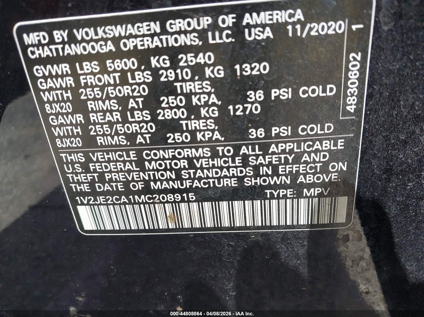 2021 Volkswagen Atlas Cross Sport 3.6L V6 Se W/Technology VIN: 1V2JE2CA1MC208915 Lot: 44808864