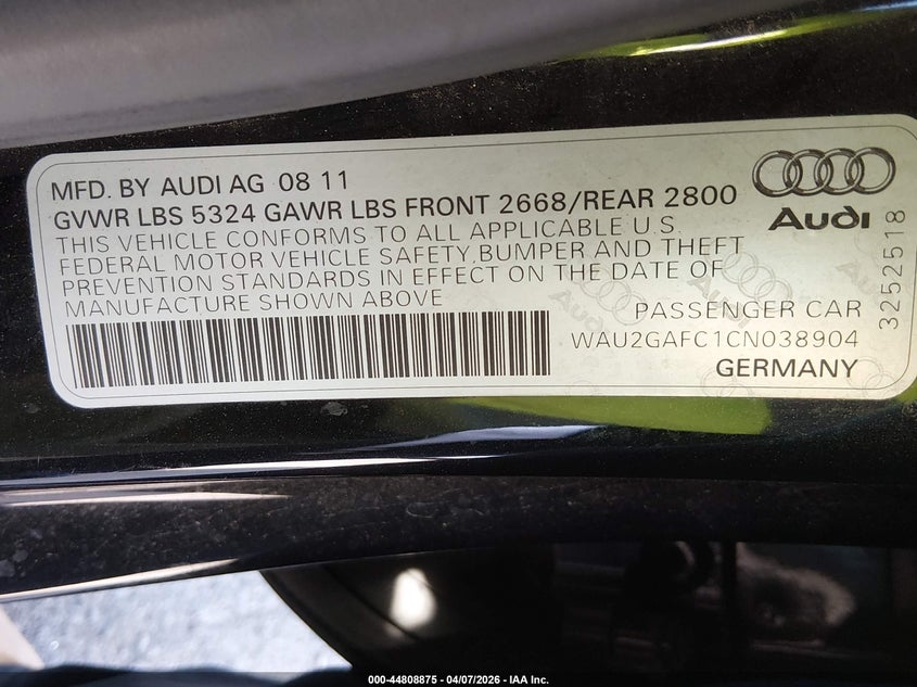2012 Audi A7 Premium VIN: WAU2GAFC1CN038904 Lot: 44808875