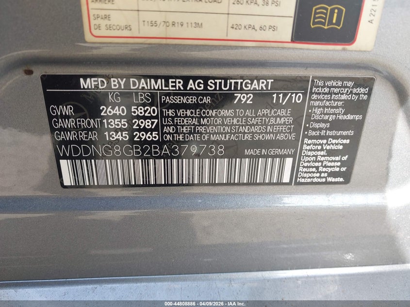 2011 Mercedes-Benz S 550 4Matic VIN: WDDNG8GB2BA379738 Lot: 44808886