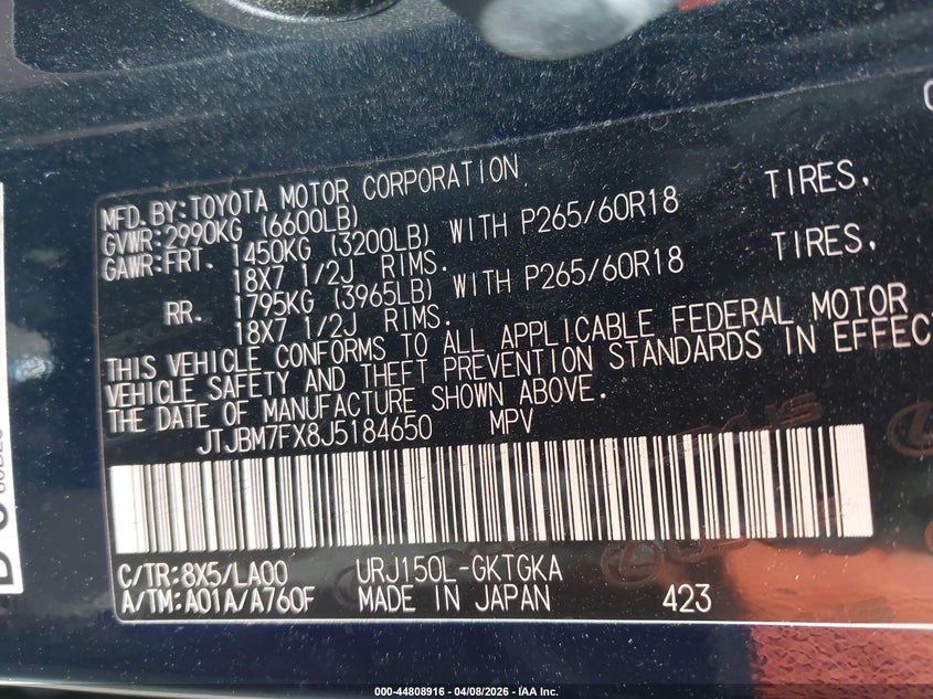 2018 Lexus Gx 460 VIN: JTJBM7FX8J5184650 Lot: 44808916