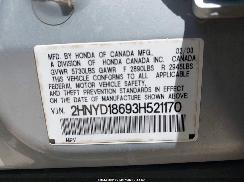 2003 Acura Mdx VIN: 2HNYD18693H521170 Lot: 44808917