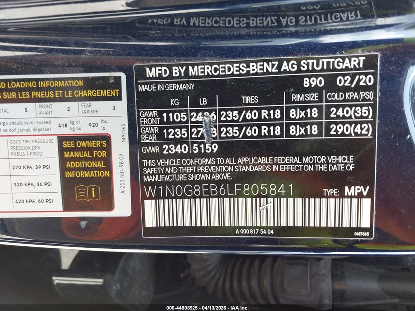 2020 Mercedes-Benz Glc 300 4Matic VIN: W1N0G8EB6LF805841 Lot: 44808925