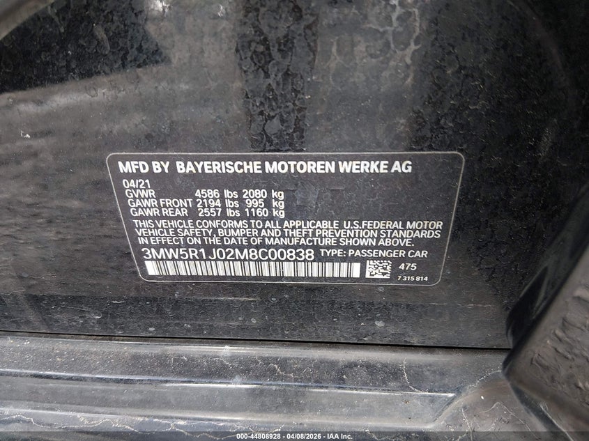 2021 BMW 330I VIN: 3MW5R1J02M8C00838 Lot: 44808928