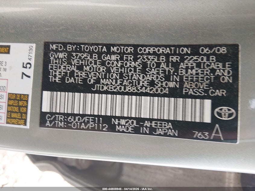 2008 Toyota Prius VIN: JTDKB20U883442004 Lot: 44808946