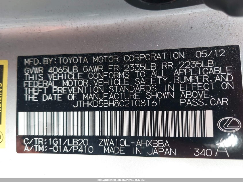 2012 Lexus Ct 200H Premium VIN: JTHKD5BH8C2108161 Lot: 44808950