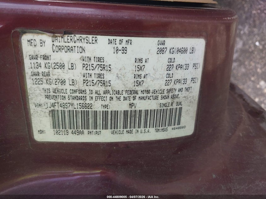 2000 Jeep Cherokee Sport VIN: 1J4FT48S7YL156622 Lot: 44809005