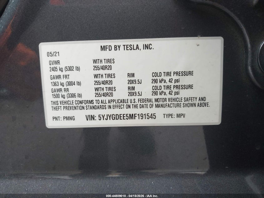 2021 Tesla Model Y Long Range Dual Motor All-Wheel Drive VIN: 5YJYGDEE5MF191545 Lot: 44809018