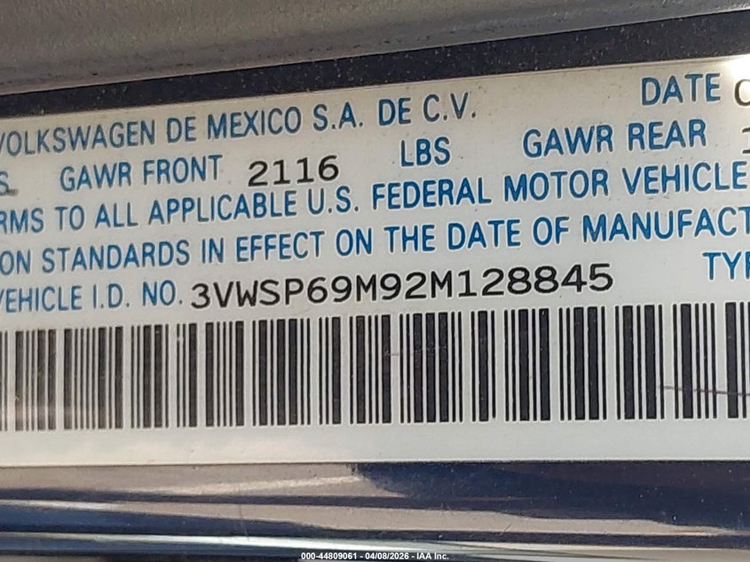 2002 Volkswagen Jetta Gls Tdi VIN: 3VWSP69M92M128845 Lot: 44809061