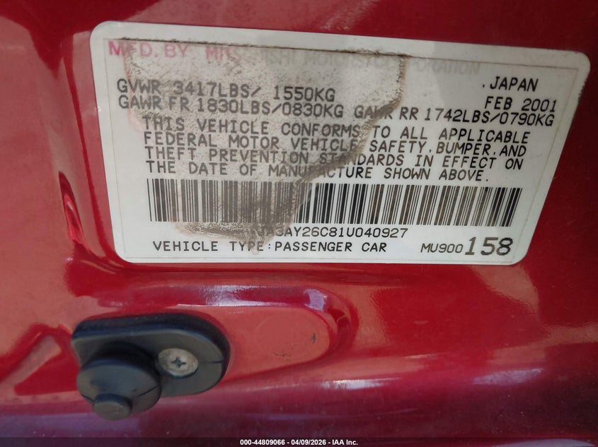 2001 Mitsubishi Mirage Es VIN: JA3AY26C81U040927 Lot: 44809066