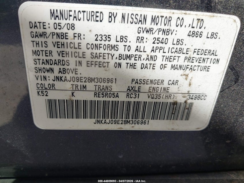 2008 Infiniti Ex35 Journey VIN: JNKAJ09E28M306961 Lot: 44809093