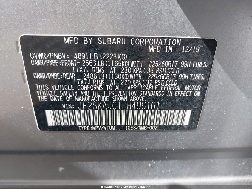 2020 Subaru Forester Premium VIN: JF2SKAJC1LH496161 Lot: 44809100