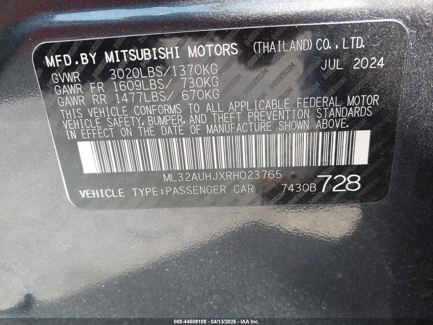 2024 Mitsubishi Mirage Es VIN: ML32AUHJXRH023765 Lot: 44809109