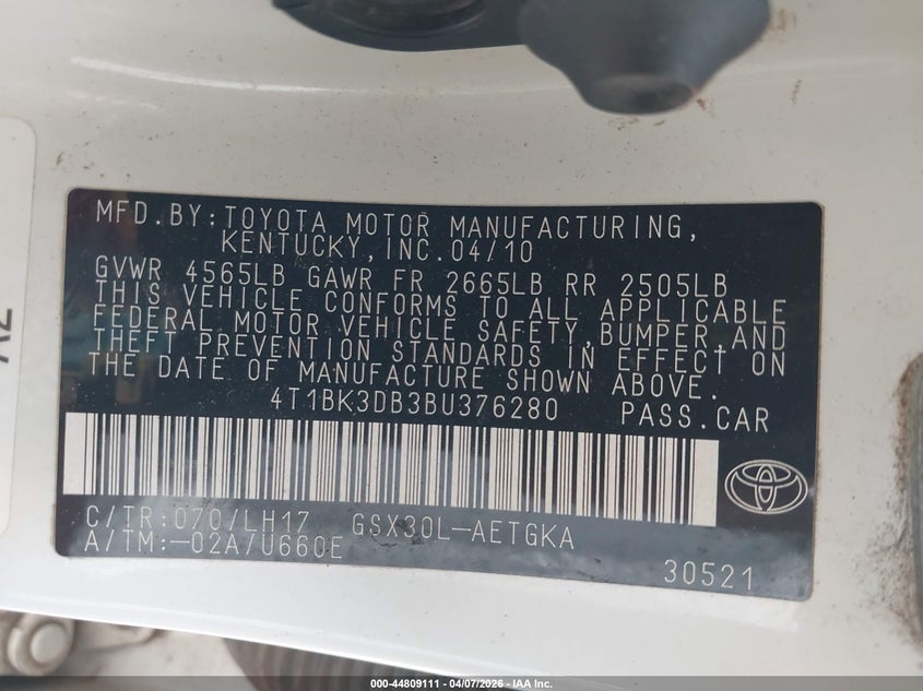 2011 Toyota Avalon VIN: 4T1BK3DB3BU376280 Lot: 44809111