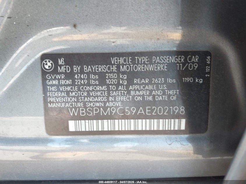 2010 BMW M3 VIN: WBSPM9C59AE202198 Lot: 44809117