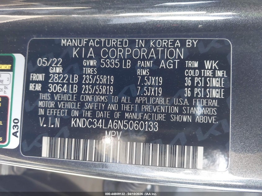 2022 Kia Ev6 Wind VIN: KNDC34LA6N5060133 Lot: 44809132