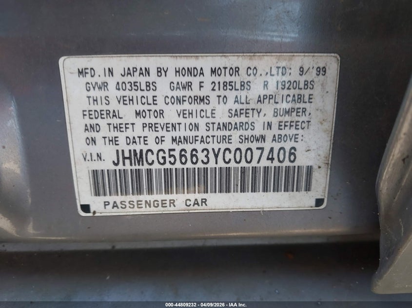 2000 Honda Accord 2.3 Ex VIN: JHMCG5663YC007406 Lot: 44809232